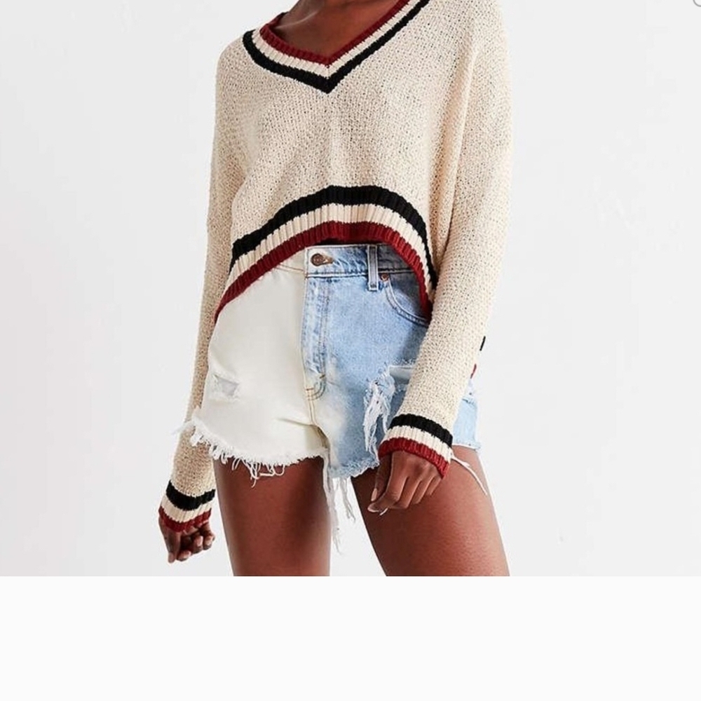 Chic V-Neck Sweater with Black and Red Trim